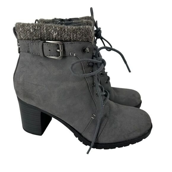 Kim Rogers Tori Boots Gray Fleece Lined Size 7.5 Lugged Sole Cuffed Block Heel - Picture 1 of 9